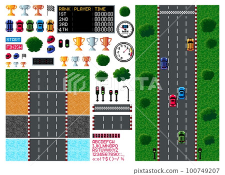 Pixel race, arcade game top view, car racing video game in retro 8 bit, vector asset icons. Vintage computer game arcade or car races props and player interface elements with sport cars and racetracks 100749207