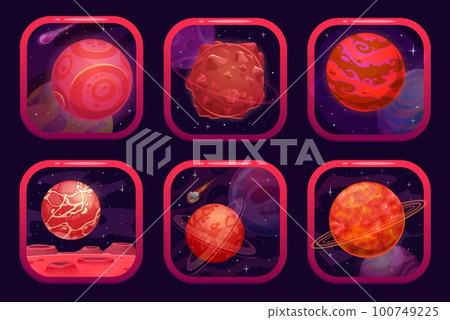 Space game app icons with red planets. Videogame interface button, computer application vector GUI or cellphone app icon. Mobile game UI with fantastic space galaxy red planets, stars in outerspace Space game app icons with red planets. Videogame interface button, computer application vector GUI or cellphone app icon. Mobile game UI with fantastic space galaxy red planets, stars in outerspace 100749225