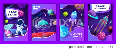 Cartoon space posters, galaxy rockets, astronaut spaceship and planets, vector background. Space fantasy posters with spaceman on alien planet, UFO starship and spaceship in spaceflight to planets 100749234