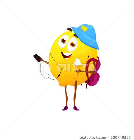 Cartoon lemon character, isolated vector citrus fruit wear summer hat and rucksack listening music on smartphone and eating ice cream. Funny amusing food personage weekend outdoor recreation 100749235