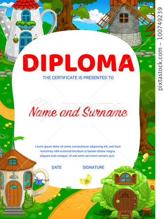 Kids diploma cartoon fairytale house buildings. Education school or kindergarten vector certificate with funny fantasy dwellings watering can, windmill, teacup and cabbage in summer forest award frame Kids diploma cartoon fairytale house buildings. Education school or kindergarten vector certificate with funny fantasy dwellings watering can, windmill, teacup and cabbage in summer forest award frame 100749239