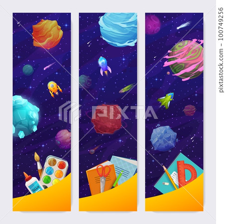 Back to school banner with space landscape. Vector bookmark, vertical card templates with alien planets, shuttles, asteroids and comets with studying supplies paints, glue, paintbrush, notebook, ruler 100749256