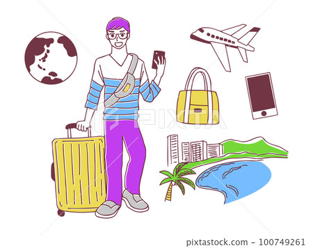 Travel: Illustration set of a man traveling around the world's famous places 100749261