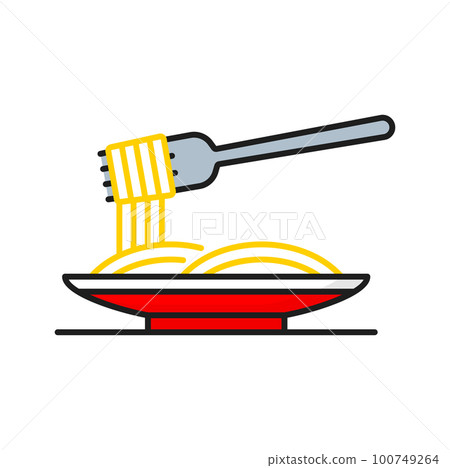 Chinese instant twisted noodle in plate with fork. Vector asian meal, chinese japanese food hot fastfood dinner, pasta in bowl 100749264