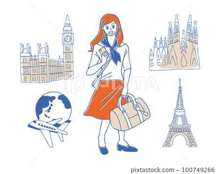 Travel: Illustration set of a woman traveling around the world's famous places 100749266