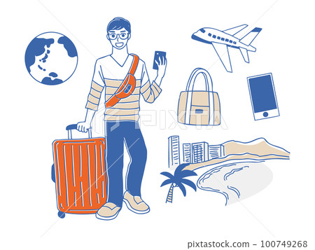 Travel: Illustration set of a man traveling around the world's famous places 100749268