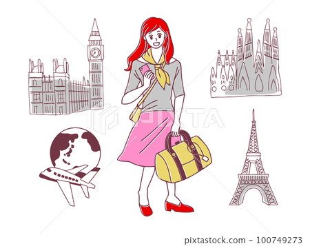 Travel: Illustration set of a woman traveling around the world's famous places 100749273