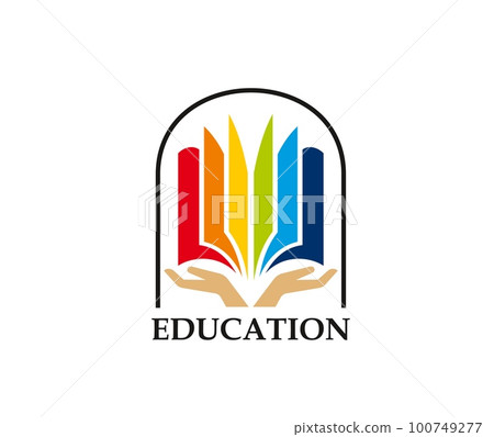Education knowledge icon. School education, encyclopedia or dictionary, university learning graphic vector icon. Library books reading abstract pictogram or sign with human hands holding book symbol 100749277