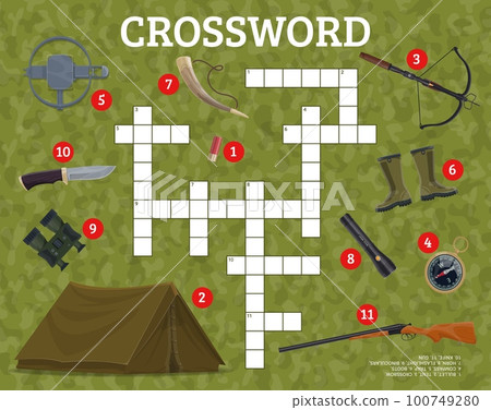 Crossword quiz game grid. Hunting equipment and weapon. Educational kids vector worksheet with bullet, tent, crossbow, compass, trap and boots, horn, flashlight, binoculars, knife and gun on grass 100749280