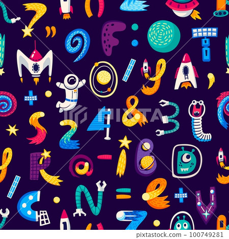 Kids space cartoon letters and numbers seamless pattern. Vector background with abc characters in cosmic style. Creative ornament for kids wallpaper, textile or wrapping paper. Tiled repeated backdrop 100749281