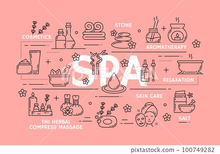 Spa and face beauty, skin health care, massage. Woman beauty salon, skin care cosmetics natural products shop outline icons or symbols with massage stones, hot bath and towels, aromatherapy oils 100749282