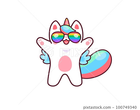 Cartoon cute kawaii caticorn character in rainbow glasses, cat unicorn in sunglasses, vector kids kitty. Cheerful funny caticorn or happy baby kitty unicorn with hug paws in rainbow glasses Cartoon cute kawaii caticorn character in rainbow glasses, cat unicorn in sunglasses, vector kids kitty. Cheerful funny caticorn or happy baby kitty unicorn with hug paws in rainbow glasses 100749340
