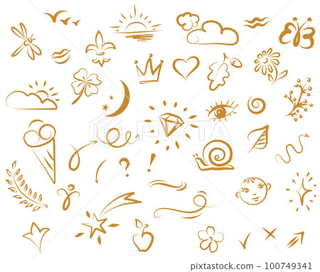 Doodle illustration. Abstract gold childish doodles. Vector graphic elements. Doodle illustration. Abstract gold childish doodles. Vector graphic elements. 100749341