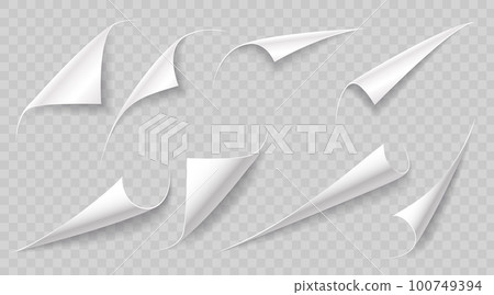 Curly paper page corners, paper sheet turn curls and flips, vector sticker fold edges. Realistic paper page corner curls on transparent background with shadow, paper sheet rolled up peel corners Curly paper page corners, paper sheet turn curls and flips, vector sticker fold edges. Realistic paper page corner curls on transparent background with shadow, paper sheet rolled up peel corners 100749394