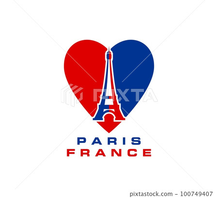 Paris Eiffel tower and heart of France flag, French love vector icon. France travel, city tour or tourism art symbol of Eiffel tower landmark in heart love silhouette, French fashion print for shirt Paris Eiffel tower and heart of France flag, French love vector icon. France travel, city tour or tourism art symbol of Eiffel tower landmark in heart love silhouette, French fashion print for shirt 100749407