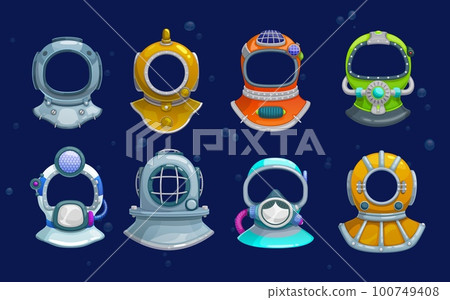 Cartoon kids diver photo booth or underwater helmets, vector aqualungs for video chat filter mask effect. Scuba diving retro aqualung helmets, templates for face effect in photo booth or mobile app 100749408