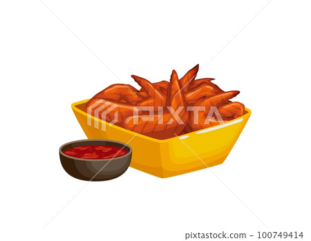 Cartoon spicy chicken wings. Restaurant meat menu hot meal, take away dish or fast food cafe grill menu snack vector icon. Isolated bowl with grilled chicken wings and chilli or tomato sauce in saucer 100749414