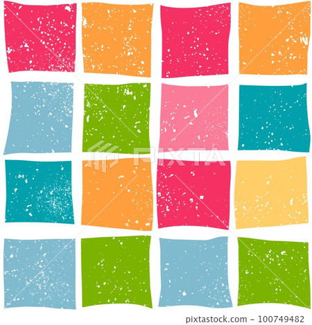 Hand drawn seamless pattern with colorful checks squares, pink blue green orange checkered checkerboard with white texture, mid century modern design style, contemporary abstract geometric print 100749482