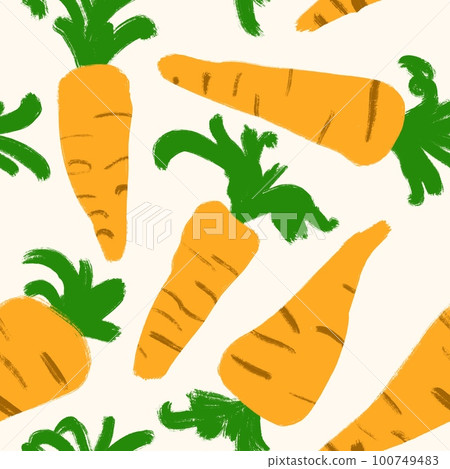 Seamless hand drawn pattern with orange ripe carrots, organic healthy natural food, vitamins vegetarian vegan. Cooking design illustration, textile wrapping paper wallpaper. Bright harvest.. 100749483
