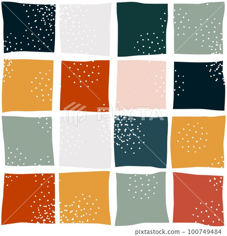 Hand drawn seamless pattern with colorful checks squares, vintage retro orange checkered checkerboard with white texture, mid century modern design style, contemporary abstract geometric print 100749484