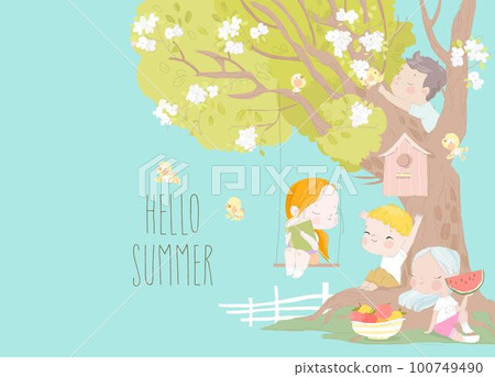 Funny Cartoon Kids enjoying Summer Vacation in the Park Funny Cartoon Kids enjoying Summer Vacation in the Park 100749490
