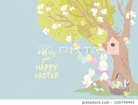 Cute Cartoon Rabbits celebrating Easter in Spring Forest 100749493