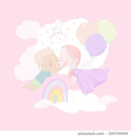 Cute Cartoon Kids kissing in the Sky 100749494