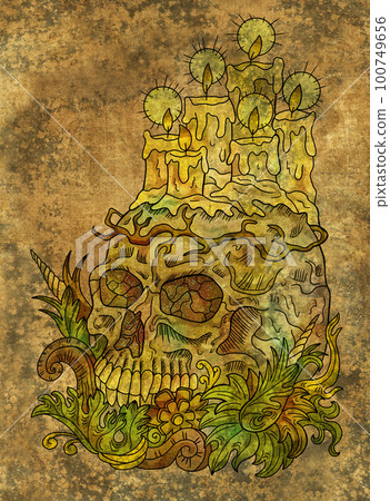 Vintage mystic illustration with occult, esoteric and gothic symbol of candle and skull against old paper textured background, Halloween concept, card with witchraft emblem Vintage mystic illustration with occult, esoteric and gothic symbol of candle and skull against old paper textured background, Halloween concept, card with witchraft emblem 100749656