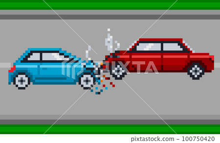 Damaged cars after collision on the road, pixel art illustration. Damaged cars after collision on the road, pixel art illustration. 100750420