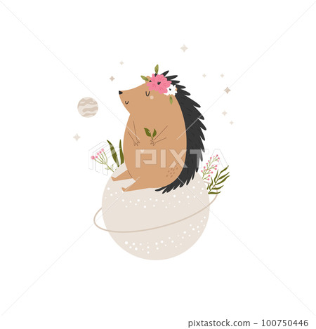 Little cute hedgehog sitting on the moon. Adorable animal vector design, illustration Little cute hedgehog sitting on the moon. Adorable animal vector design, illustration 100750446