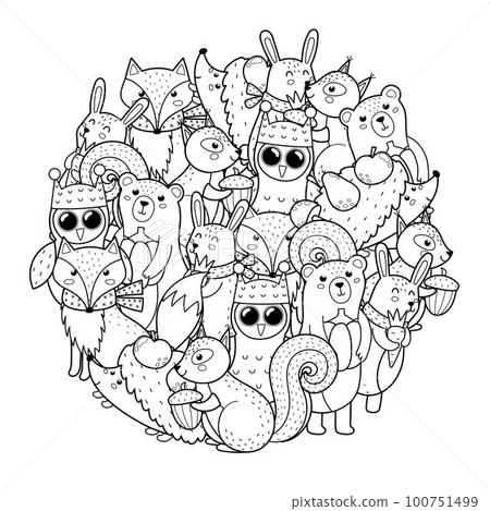 Cute woodland animals circle shape pattern for coloring book Cute woodland animals circle shape pattern for coloring book 100751499