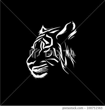 Tiger head dotwork tattoo with dots shading, depth illusion, tippling tattoo. Hand drawing wild animal emblem on black background for body art, minimalistic sketch monochrome logo. Vector illustration 100751563