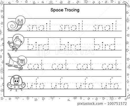 Trace words black and white activity page for kids. Handwriting practice worksheet 100751572