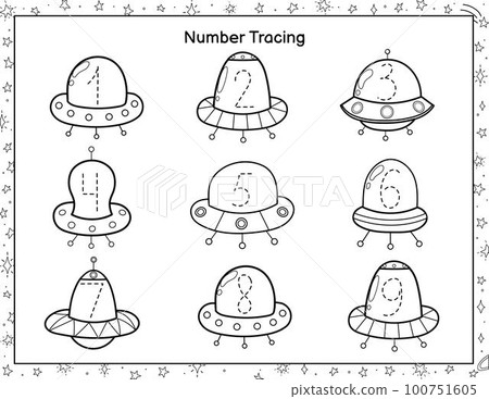 Trace numbers black and white activity page for kids. Space handwriting practice worksheet 100751605
