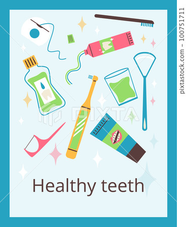 Healthy teeth and dental care banner or poster cartoon flat vector illustration. 100751711