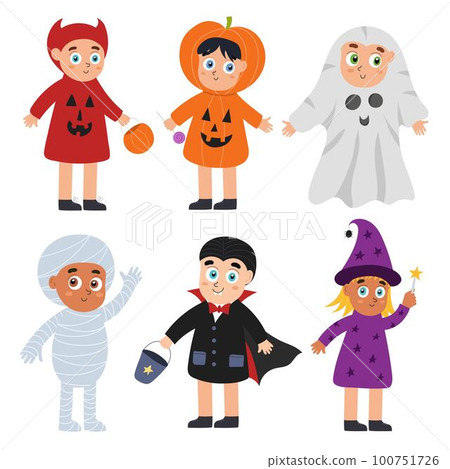 Cute Halloween kids set. Boys and girls wearing devil, witch, pumpkin, vampire and mummy costumes 100751726