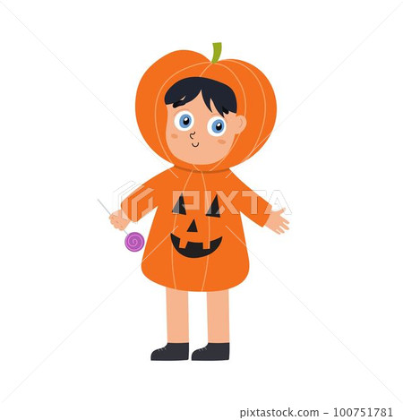 Cute Halloween kid wearing pumpkin costume. Funny trick or treat boy or girl with a candy 100751781