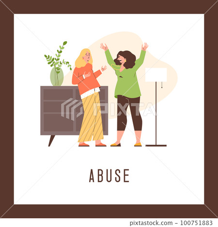 Women fighting and shouting, abuse in relationship - poster template, flat vector illustration. Women fighting and shouting, abuse in relationship - poster template, flat vector illustration. 100751883