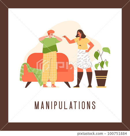 Manipulations and bad relationships in couple banner flat vector illustration. Manipulations and bad relationships in couple banner flat vector illustration. 100751884