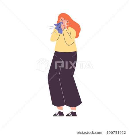 Sick woman with running nose sneezing in tissue, flat vector illustration isolated on white background. 100751922