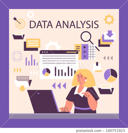 Woman working in data analysis field, poster template - flat vector illustration. 100751923