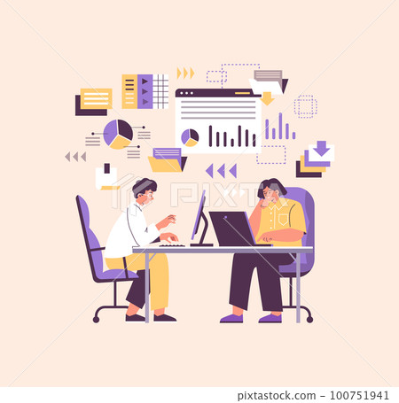 Data science technology experts at work, flat vector illustration isolated. 100751941