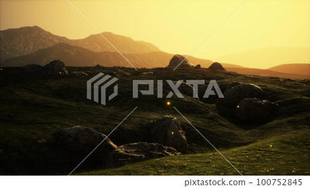 Green meadow on the background of the mountains Green meadow on the background of the mountains 100752845