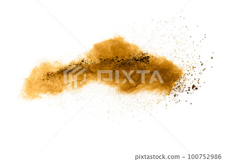 Freeze motion of brown dust explosion.Stopping the movement of brown powder. Freeze motion of brown dust explosion.Stopping the movement of brown powder. 100752986