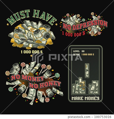 Set of colorful money vintage labels with text. Fantasy, creative, meaningful, fancy concept of illustrations. Black background. For prints, clothing, apparel, tattoo, t shirt, surface design Set of colorful money vintage labels with text. Fantasy, creative, meaningful, fancy concept of illustrations. Black background. For prints, clothing, apparel, tattoo, t shirt, surface design 100753016