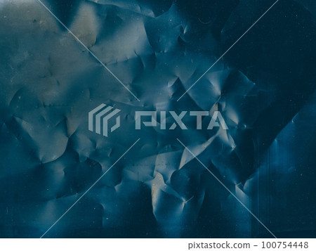 Crinkled texture. Aged film overlay. Distressed foil. Blue color flare dust scratches noise on dark wrinkled weathered abstract illustration background. Crinkled texture. Aged film overlay. Distressed foil. Blue color flare dust scratches noise on dark wrinkled weathered abstract illustration background. 100754448