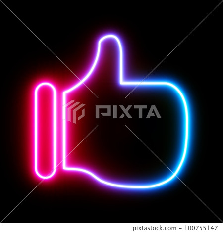 3d rendering UI Thumbs Up Icon with neon light isolated in black background 100755147