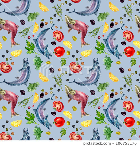 Seamless pattern of salmon and herbs watercolor isolated on blue. Seamless pattern of salmon and herbs watercolor isolated on blue. 100755176