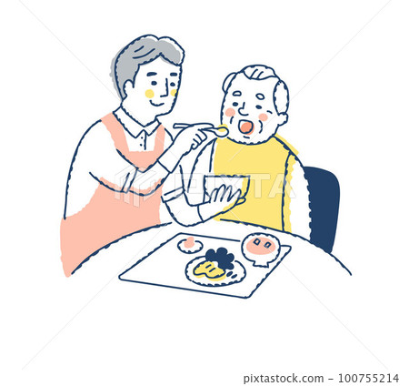 Nursing staff assisting senior men with meals 100755214