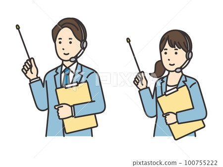 Illustration set of operator women and men with materials and pointing sticks 100755222